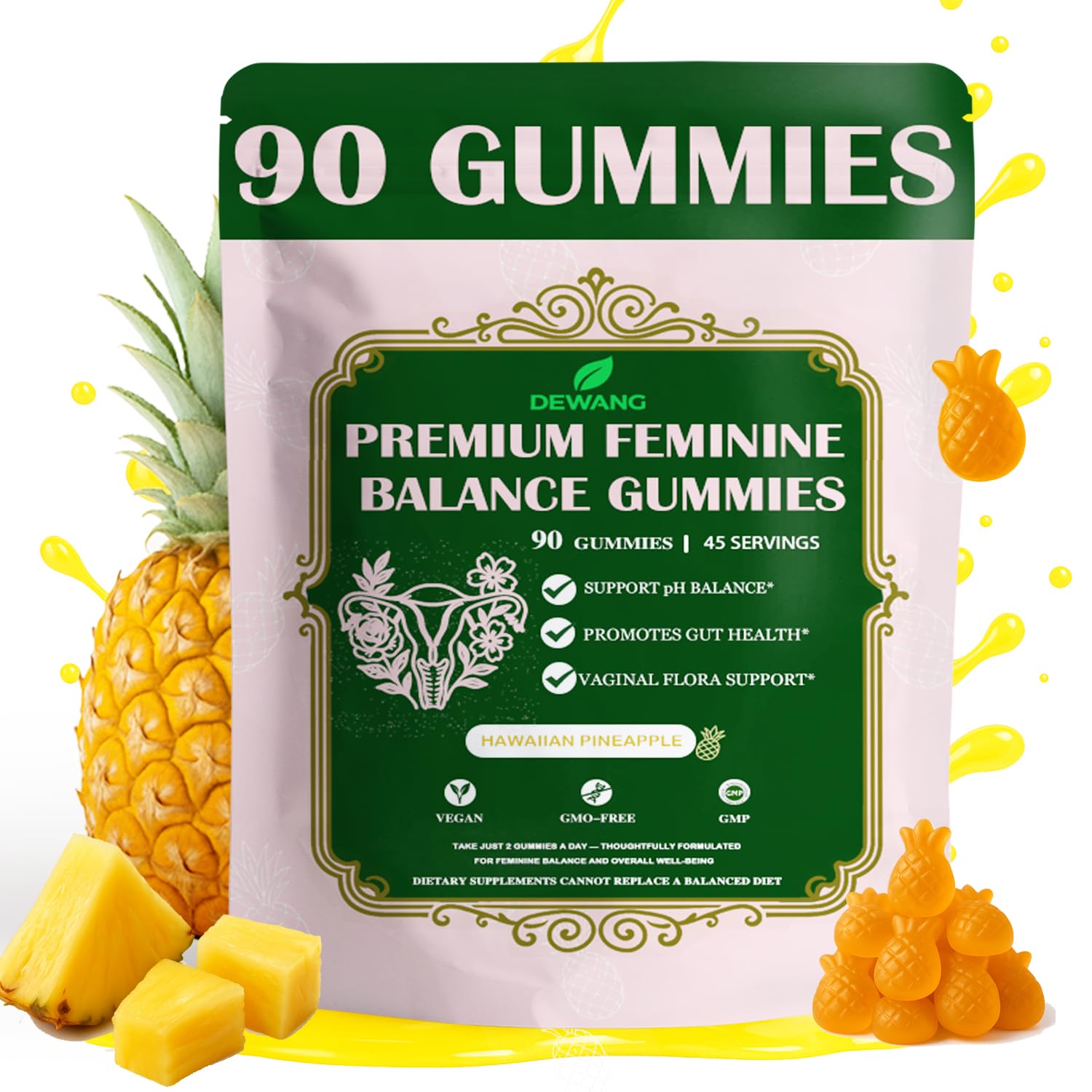 DEWANG Premium Feminine Balance Gummies for Women’s Immune Support & PH Balance, Vegan, Gluten-Free, Grapes Flavor, 90 Count