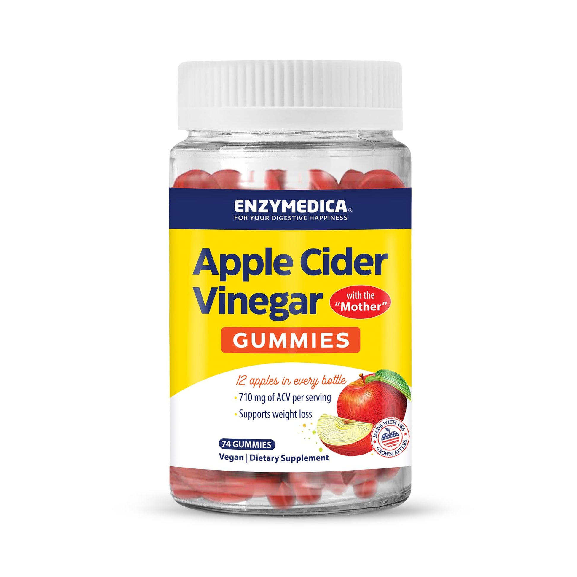 Enzymedica Apple Cider Vinegar Gummies with Mother, 1000 mcg Vitamin B12 & 710 mg ACV per Serving, Gut Health & Digestive Support, Vegan, 74 Count