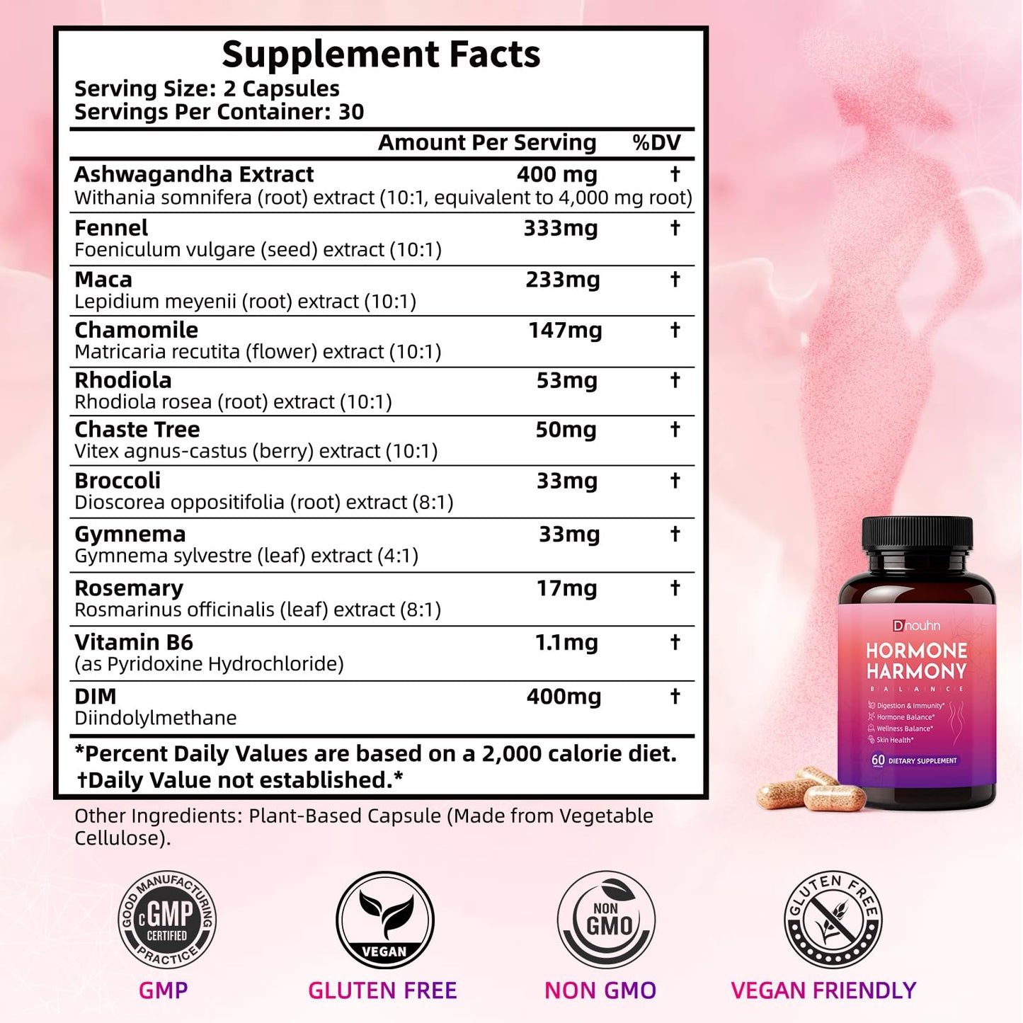 DNOUHN Hormone Harmony for Women – Natural Hormonal Balance Ashwagandha, Rhodiola, Support for Menopause Relief, Hot Flashes, Mood Swings Bloating Relief Capsules, 60 Count