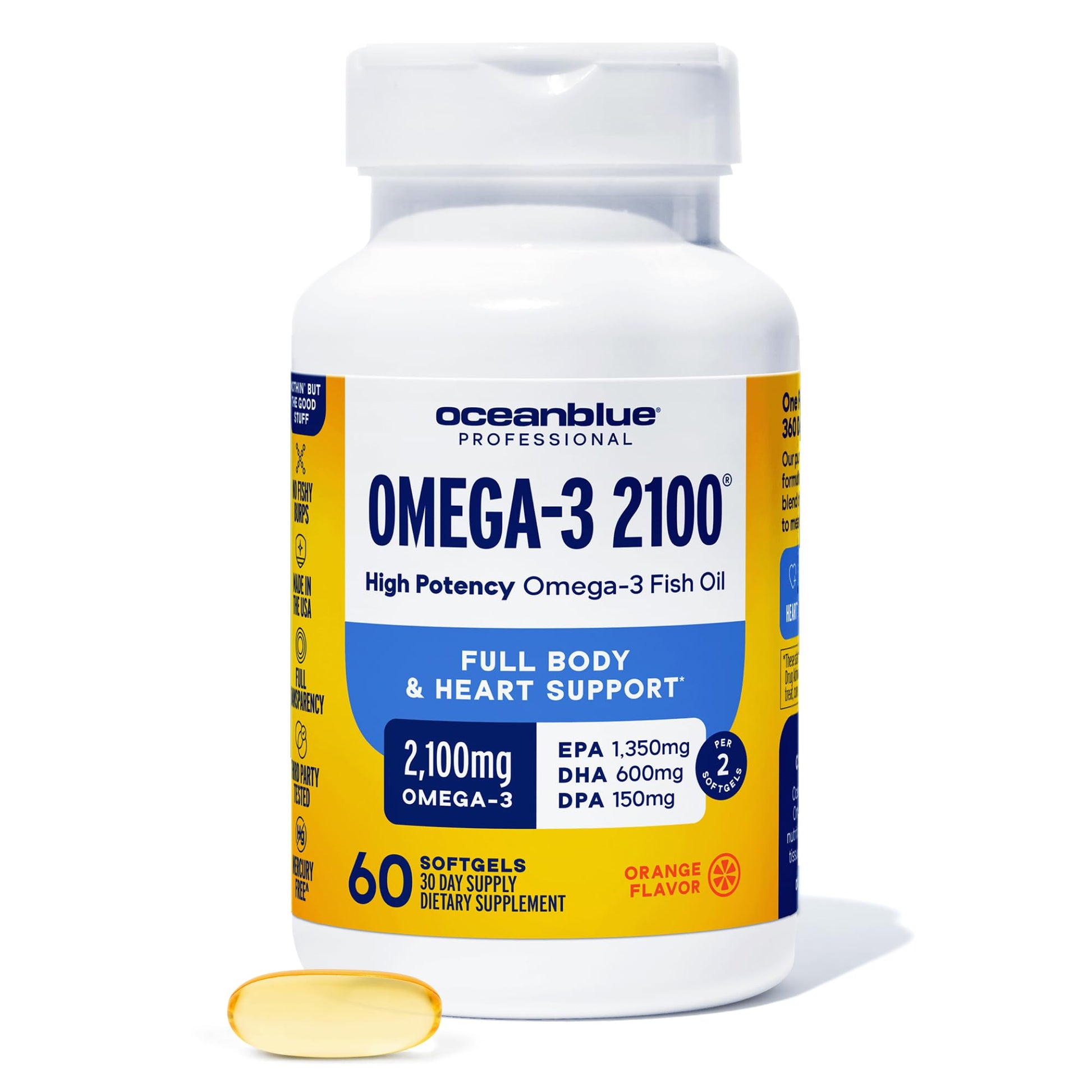 Oceanblue Professional Omega-3 2100 Triple Strength DPA EPA DHA Omega-3 Supplement - High Potency Burpless Wild-Caught Fish Oil - Orange Flavor Softgel, 60 Count