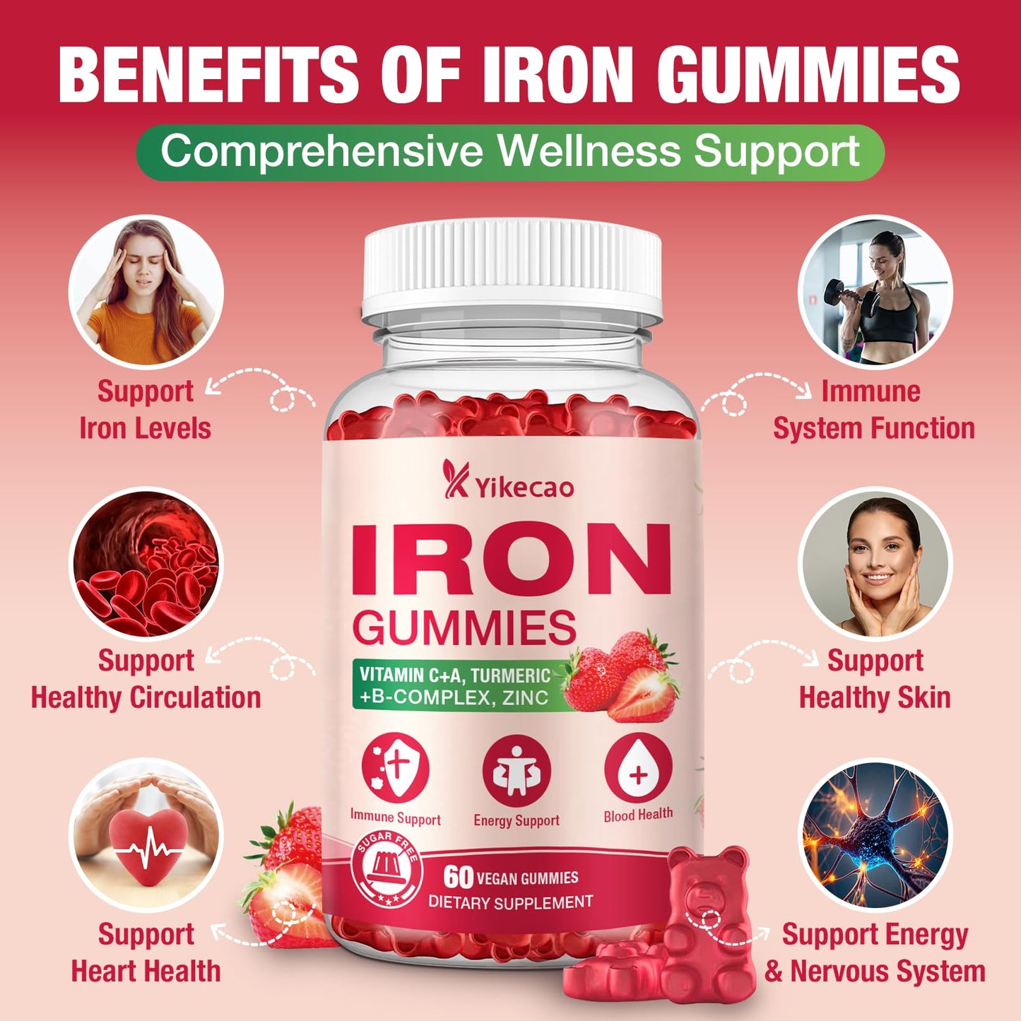 Yikecao Vegan Iron Gummies 60 Count