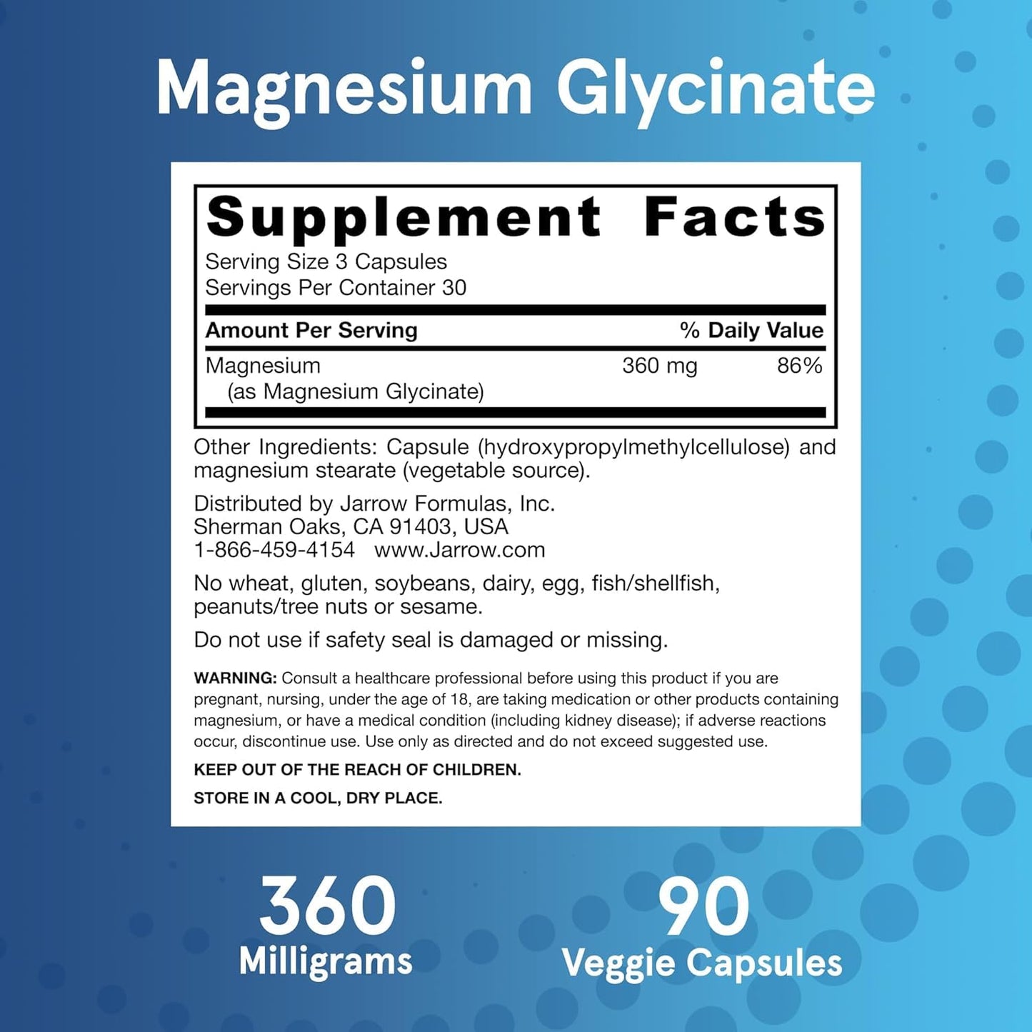 Jarrow Formulas Magnesium Glycinate Veggie Capsules, 180 Count