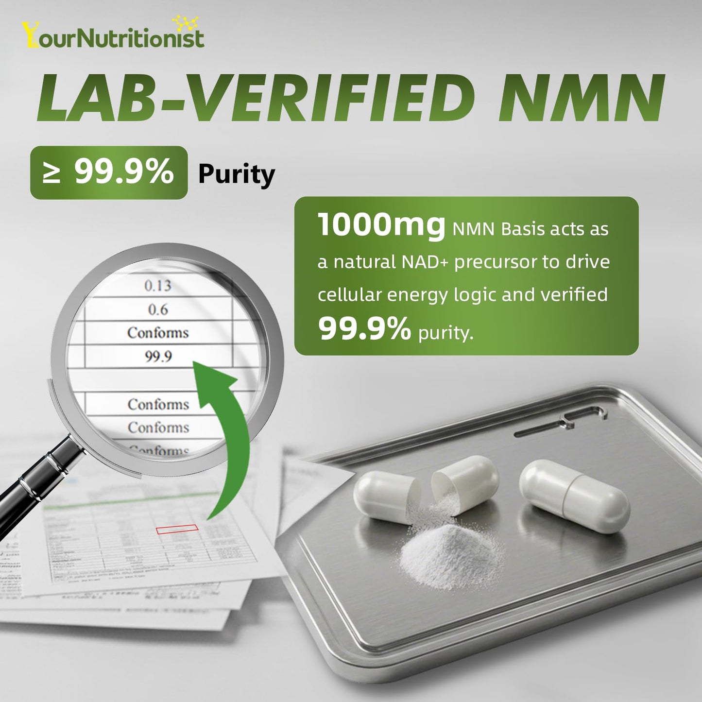 Your Nutritionist NMN Supplement 1000mg Per Serving, NAD+ Support Capsule, 60 Count