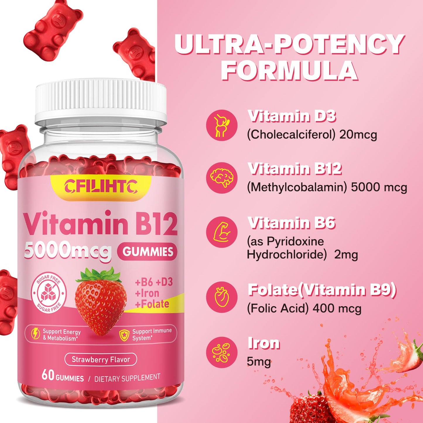 CFILIHTC Vitamin B12 Gummies 5000mcg Methyl B12 with Vitamin B6, D3, Iron & Folate, 120 Gummies