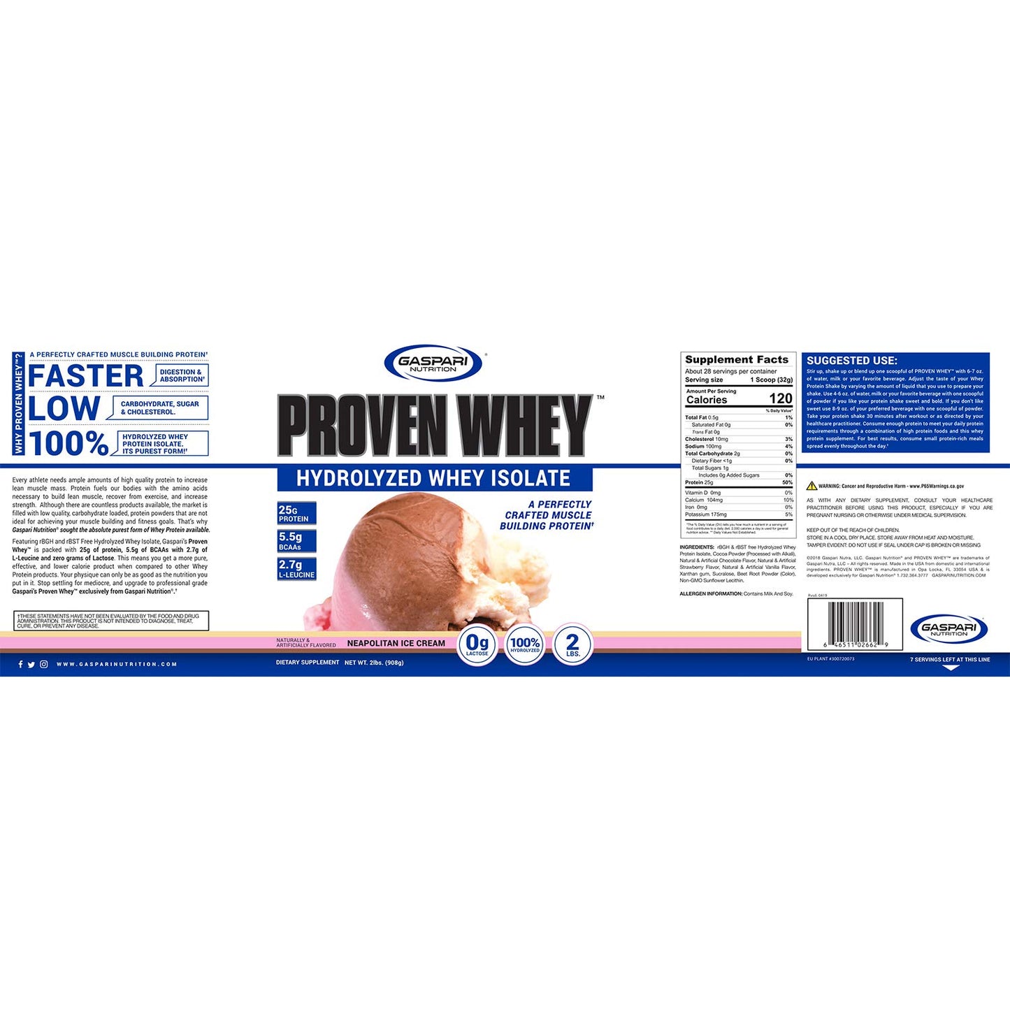 Gaspari Nutrition Proven Whey Hydrolyzed Whey Isolate Protein Powder, 64 Servings
