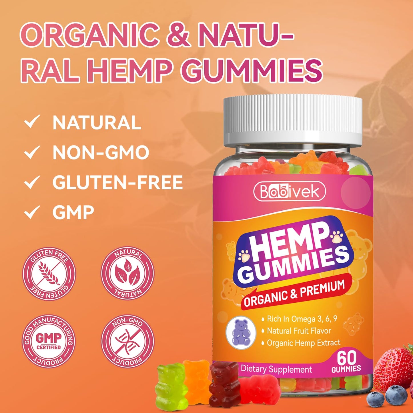 Babivek Hemp Gummies for Women & Men – Hemp Seed Oil Gummies, 120 Count