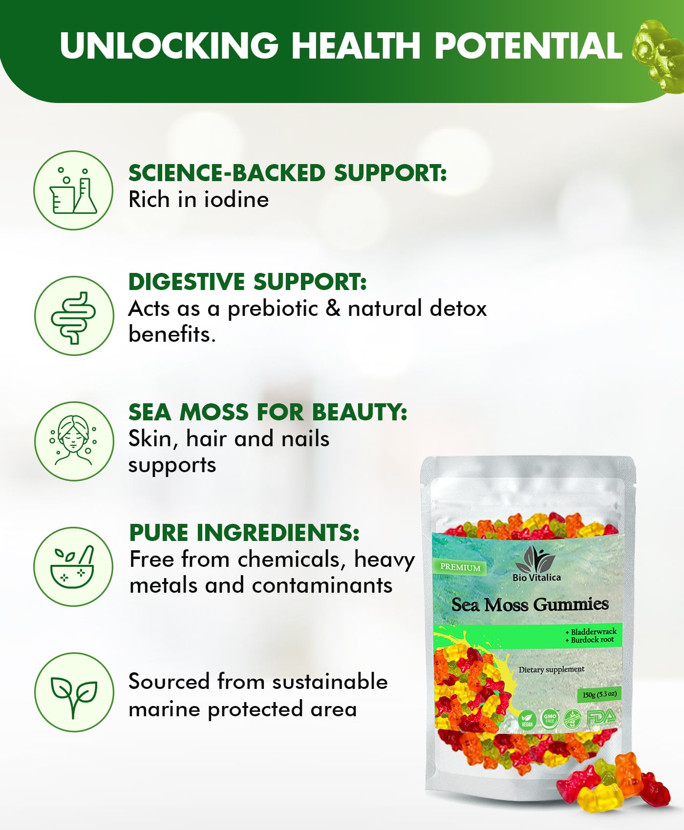BIO VITALICA Sea Moss Gummies Chewable 50 Count