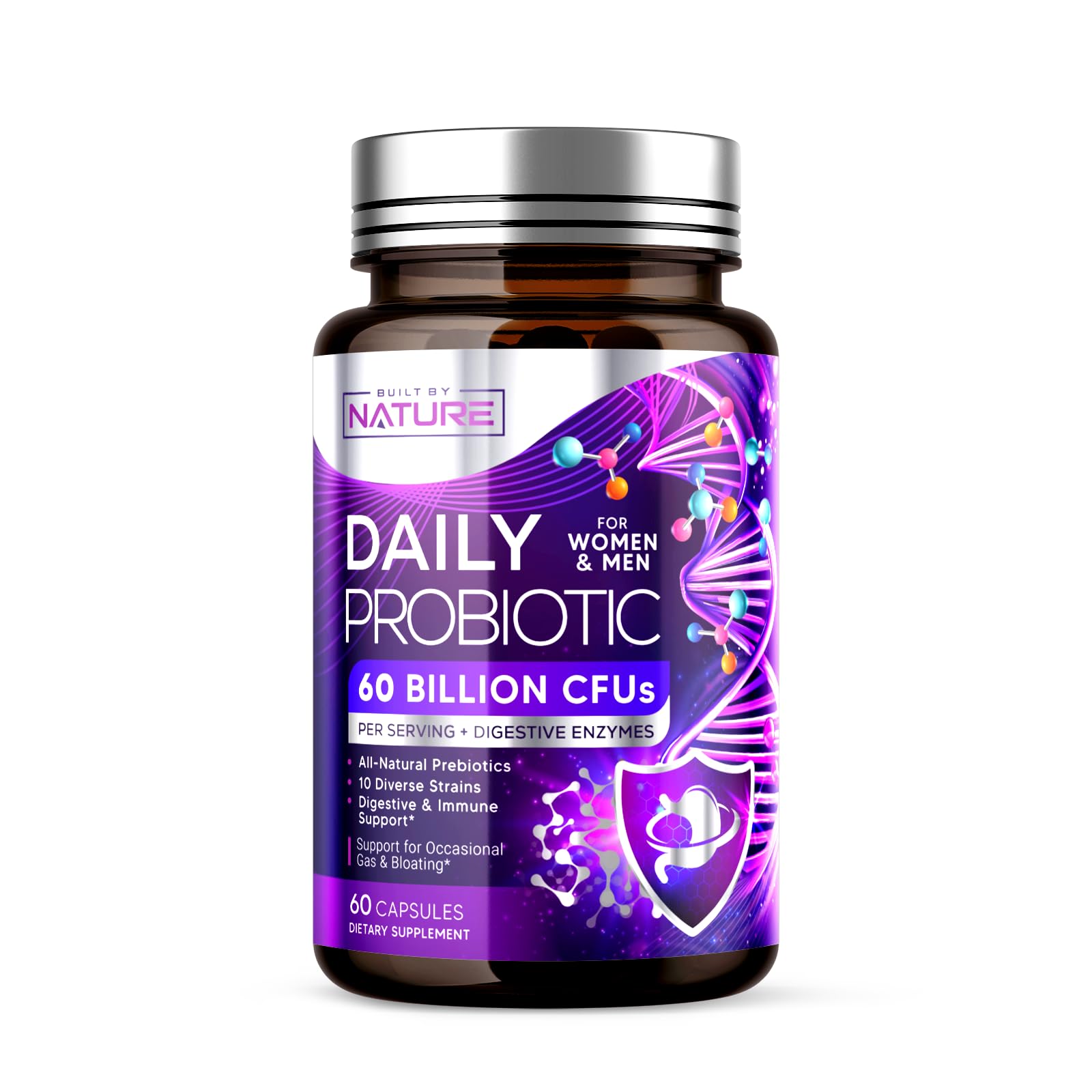 Built by Nature Probiotic for Women & Men – 60 Billion CFU, 10 Strains + Prebiotics & Digestive Enzymes – Supports Digestive, Immune, Reduce Gas & Bloating – Shelf Stable, Non-GMO, 60 Capsules