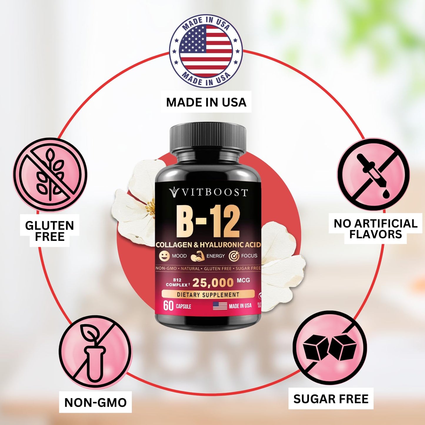 VITBOOST B12 Methylcobalamin with Hyaluronic Acid, Collagen, and Folate – 25000 mcg Supplement Enhance Absorption & Boost Energy, 120 Capsules