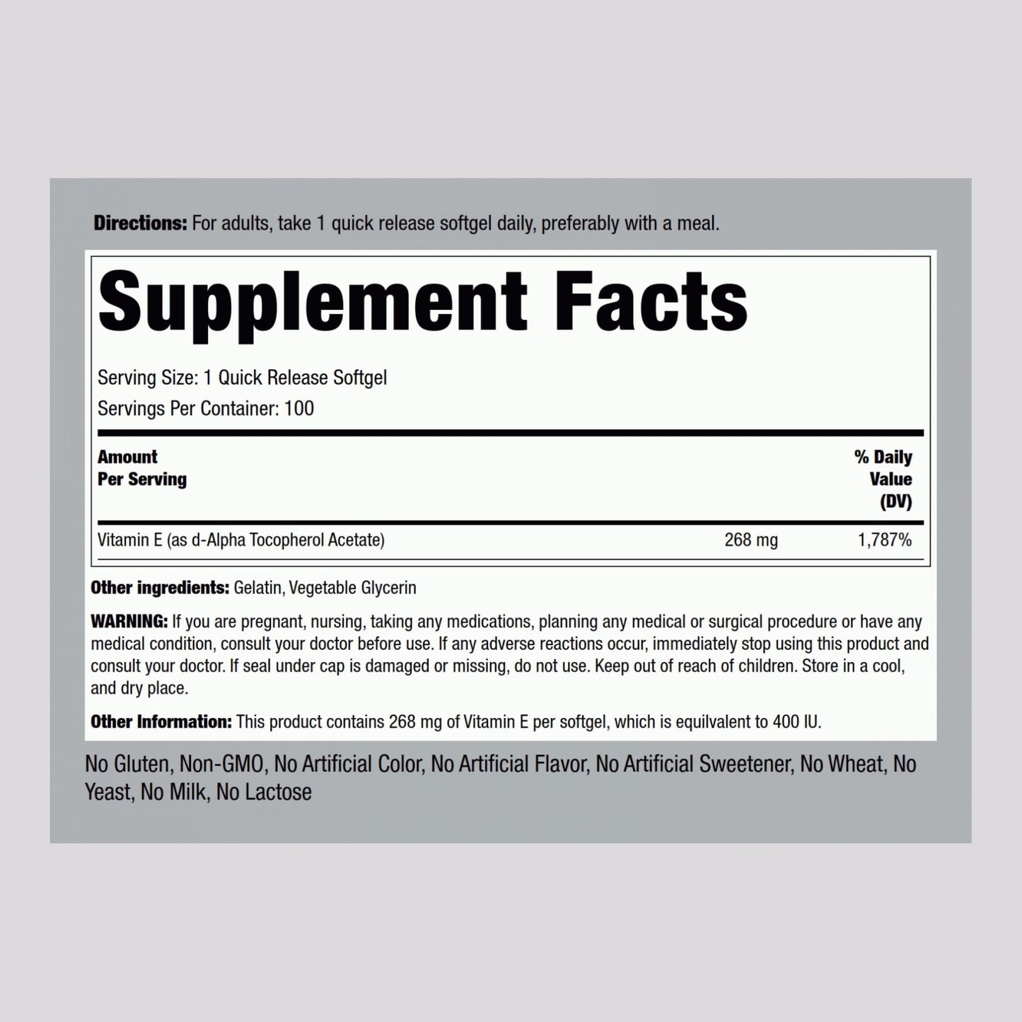 Piping Rock Vitamin E 400 IU Softgel Capsules 100 Count