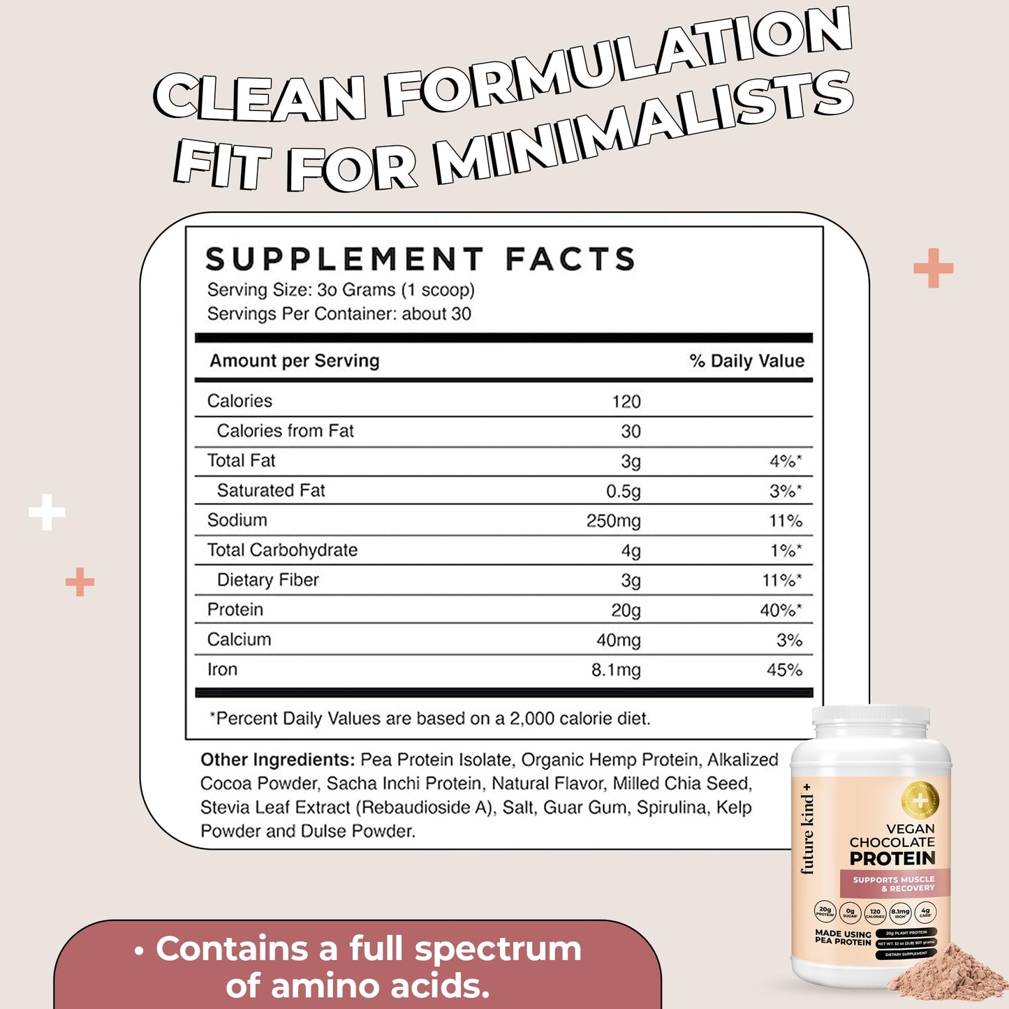 Future Kind Vegan Protein Powder, Pea Protein, Chocolate, 32 Servings, 2 lb