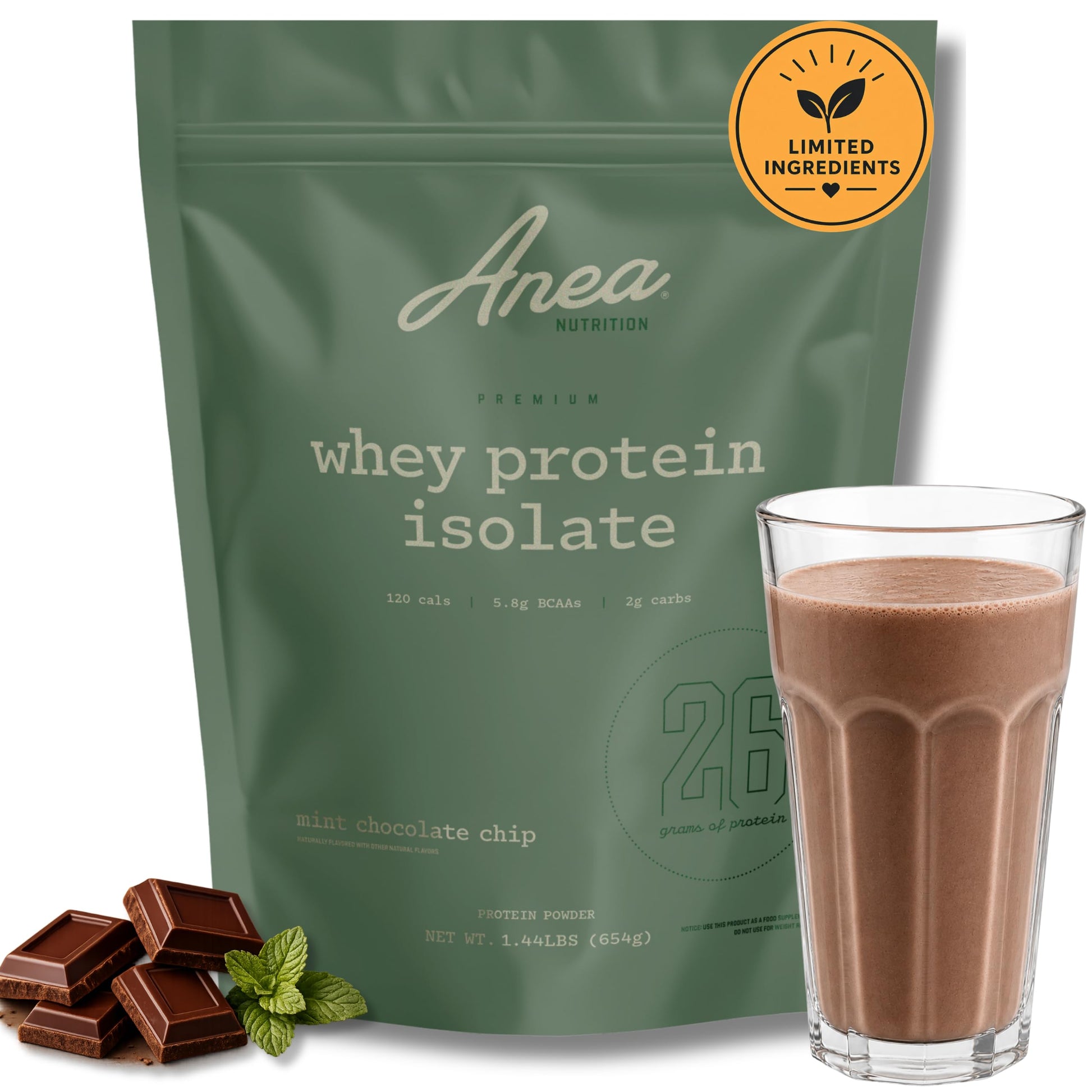 Anea Nutrition Whey Isolate Protein Powder Mint Chocolate, 20 Servings