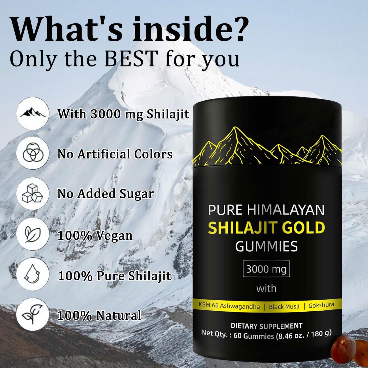 Hanachi Shilajit Gummies Alpha Gummies for Men Lab Tested No Added Sugar Ashwagandha, Gokshura Fulvic Acid & 85+ Trace Minerals for Men, Women Non-GMO, 60 Gummies