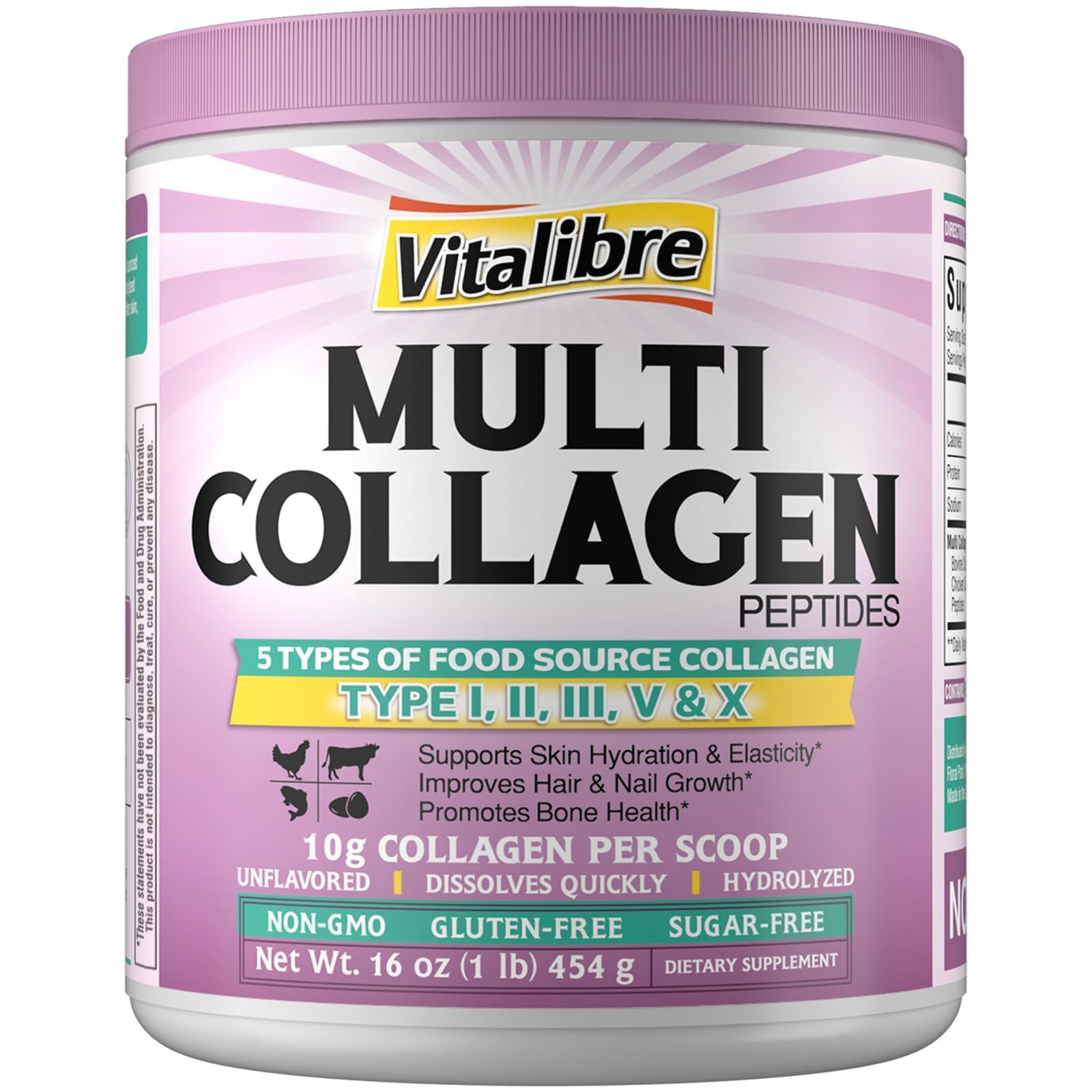 Vitalibre Multi Collagen Peptides Powder Type I II III V X, 16 oz