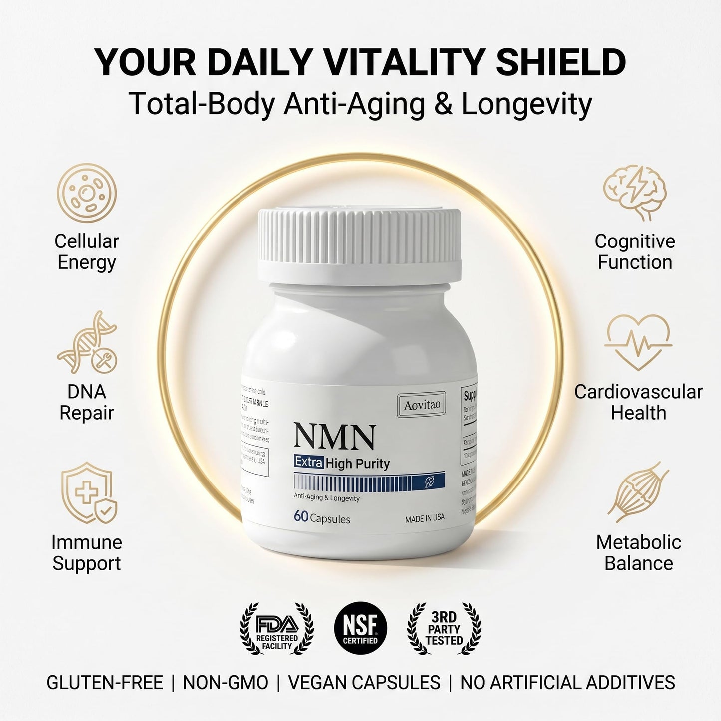 AOVITAO NMN Supplement 500mg Ultra Pure 99.8% Stabilized Form Supports NAD+ Production, Cellular Health & Healthy Aging 60 Capsules