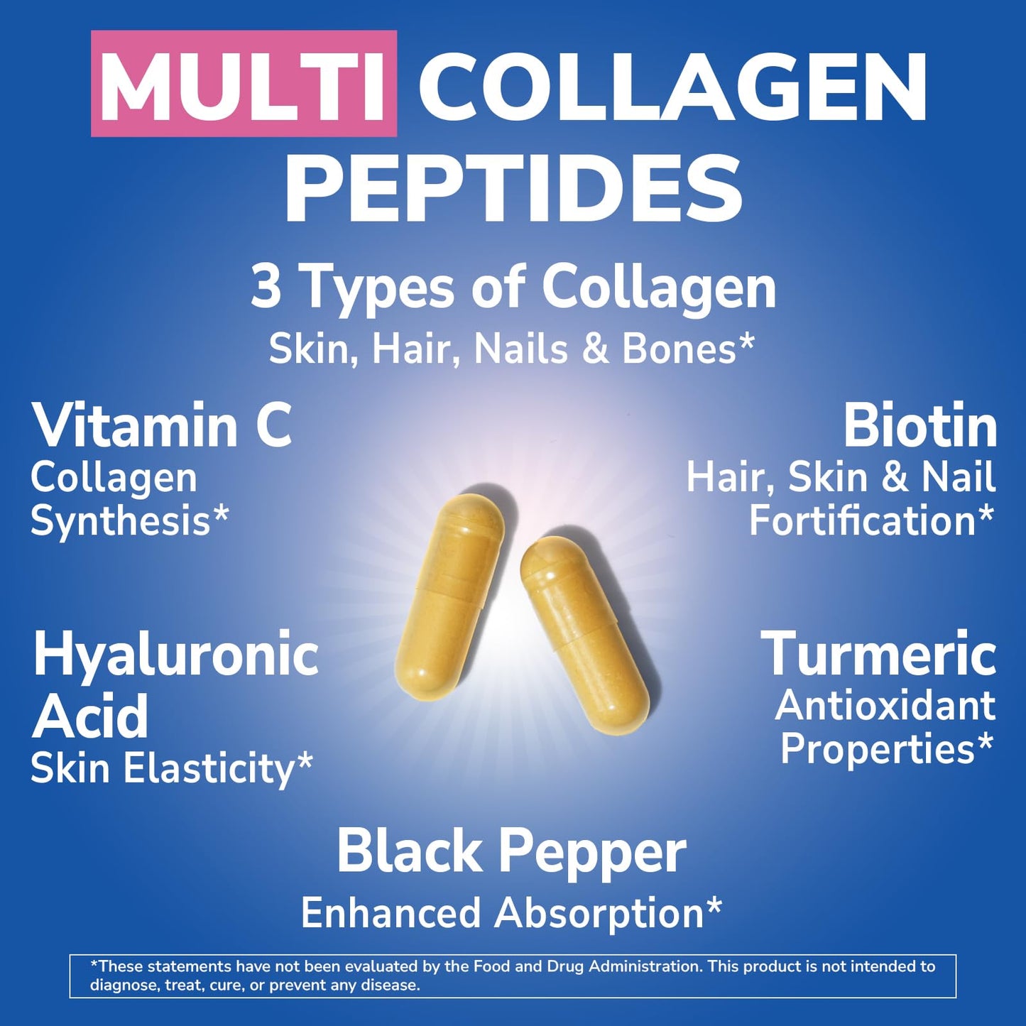 Vitalibre Multi Collagen Peptides, Hydrolyzed, Type I, II, III, Vitamin C, Biotin, Hyaluronic Acid, Turmeric & Black Pepper, Skin, Hair, Nail & Mobility Support Capsules, 180