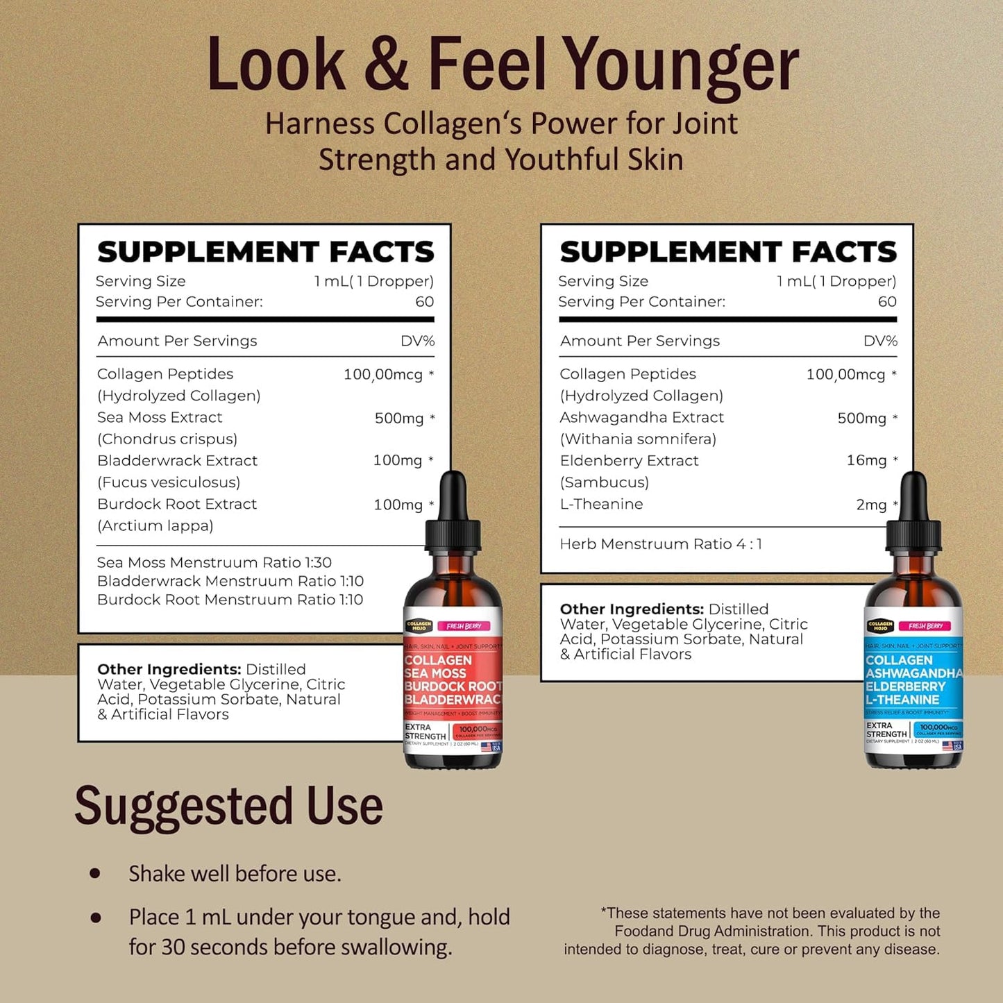 Collagen Mojo Liquid Collagen Peptides with Sea Moss, Burdock Root & Bladderwrack and Liquid Collagen Peptides with Ashwagandha, Elderberry & L-Theanine, 1