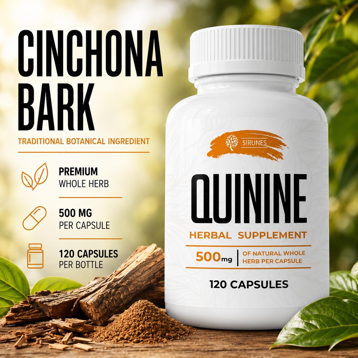 SIRUNES Leg Cramps Relief Quinine Capsules – Natural Cinchona Bark Supplement for Cramp Defense & Digestive Health – 500 mg Quinine, 120 Count