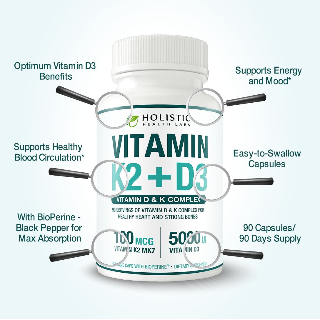 Holistic Health Labs Max Absorption Vitamin K2 + D3 (5000IU) Capsules, 90 Count