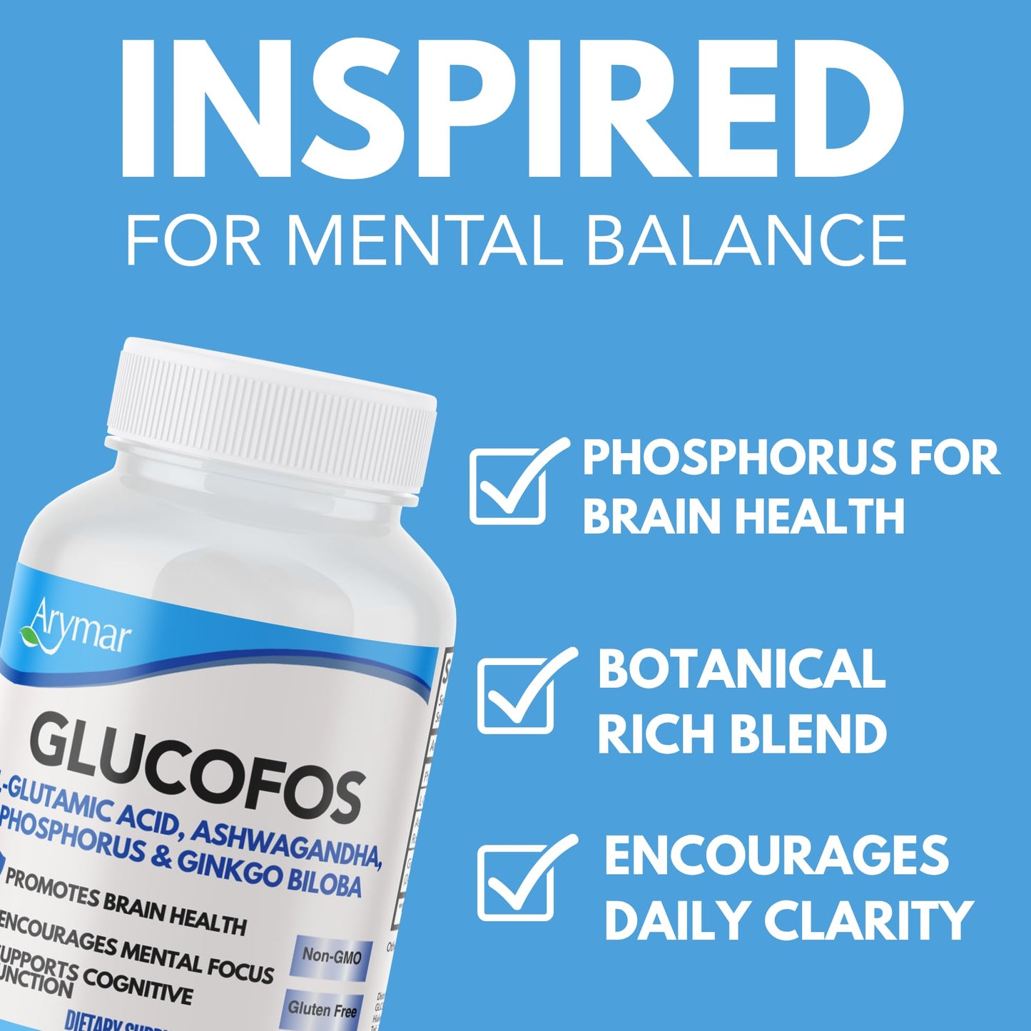 Arymar Glucofos L-Glutamic Acid, Ashwagandha, Ginkgo Biloba & Phosphorus Brain & Nerve Support Supplement Capsules, 60 Count