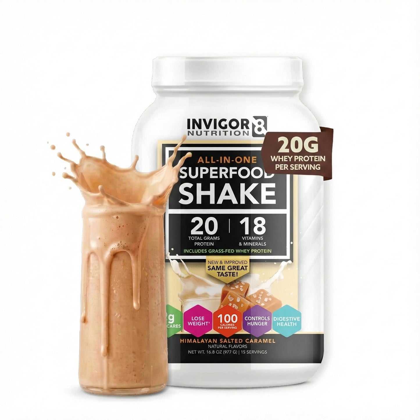 INVIGOR8 Superfood Grass Fed Whey Protein Isolate Powder Himalayan Salted Caramel Gluten-Free and Non-GMO Meal Replacement with Probiotics and Omega-3 22.75 oz