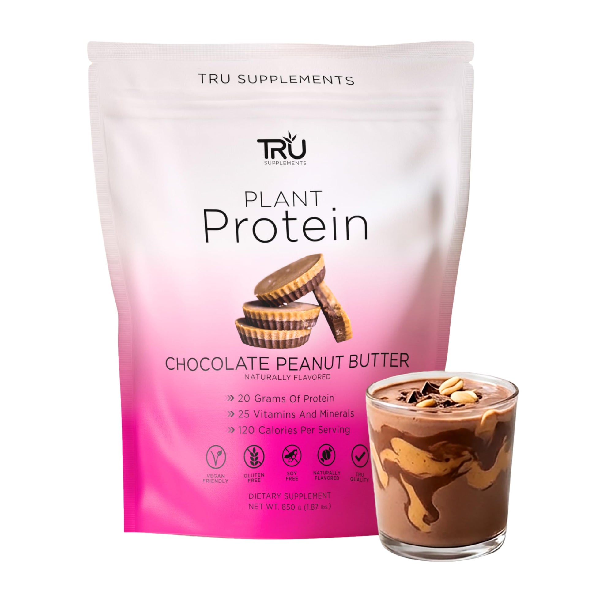 TRU Supplements Plant Based Protein Powder, BCAA, EAA, 20g Vegan Brown Rice & Pea Protein, 100 Calories, 27 Vitamins, No Artificial Flavors, Chocolate Peanut Butter, 26.4 oz