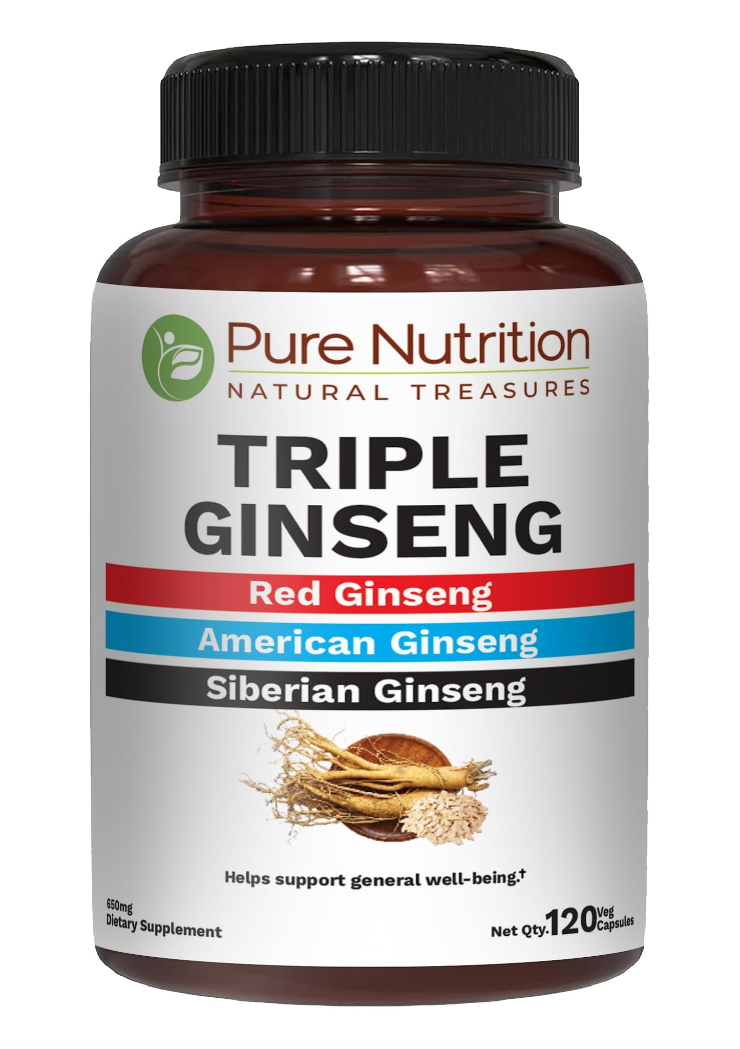 PURE NUTRITION NATURAL TREASURES Triple Ginseng 650mg Capsules, 120 Count