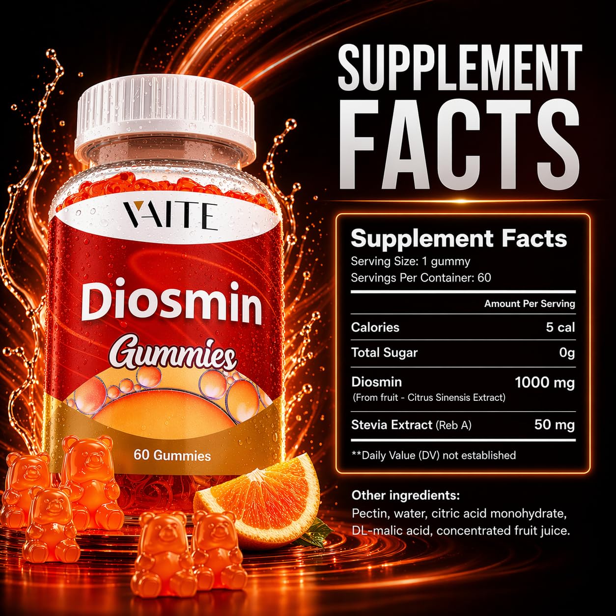 VAITE Diosmin 1000mg Vein Support Gummies, 60-Count