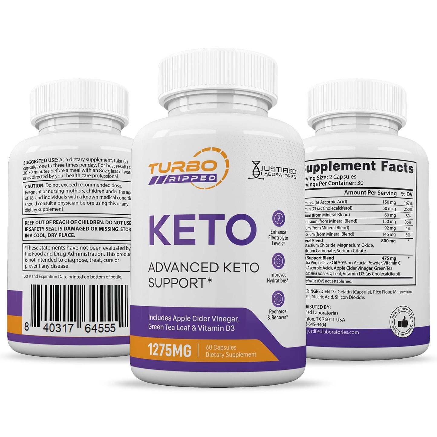 Justified Laboratories Turbo Ripped Keto ACV 1275MG Keto Support Blend Capsules, 60 Count