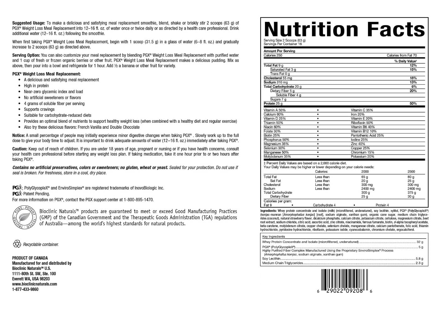 Bioclinic Naturals PGX Weight Loss Meal Replacement French Vanilla Powder 35.2 Ounces