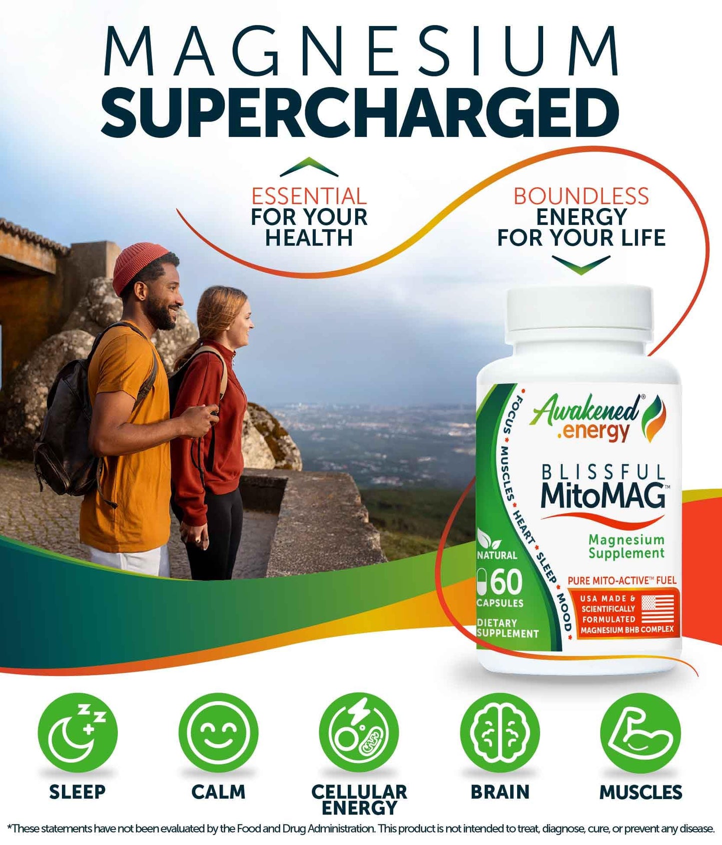 Awakened.energy Blissful MitoMag 300mg Elemental Magnesium Complex, Capsule, 60 Count