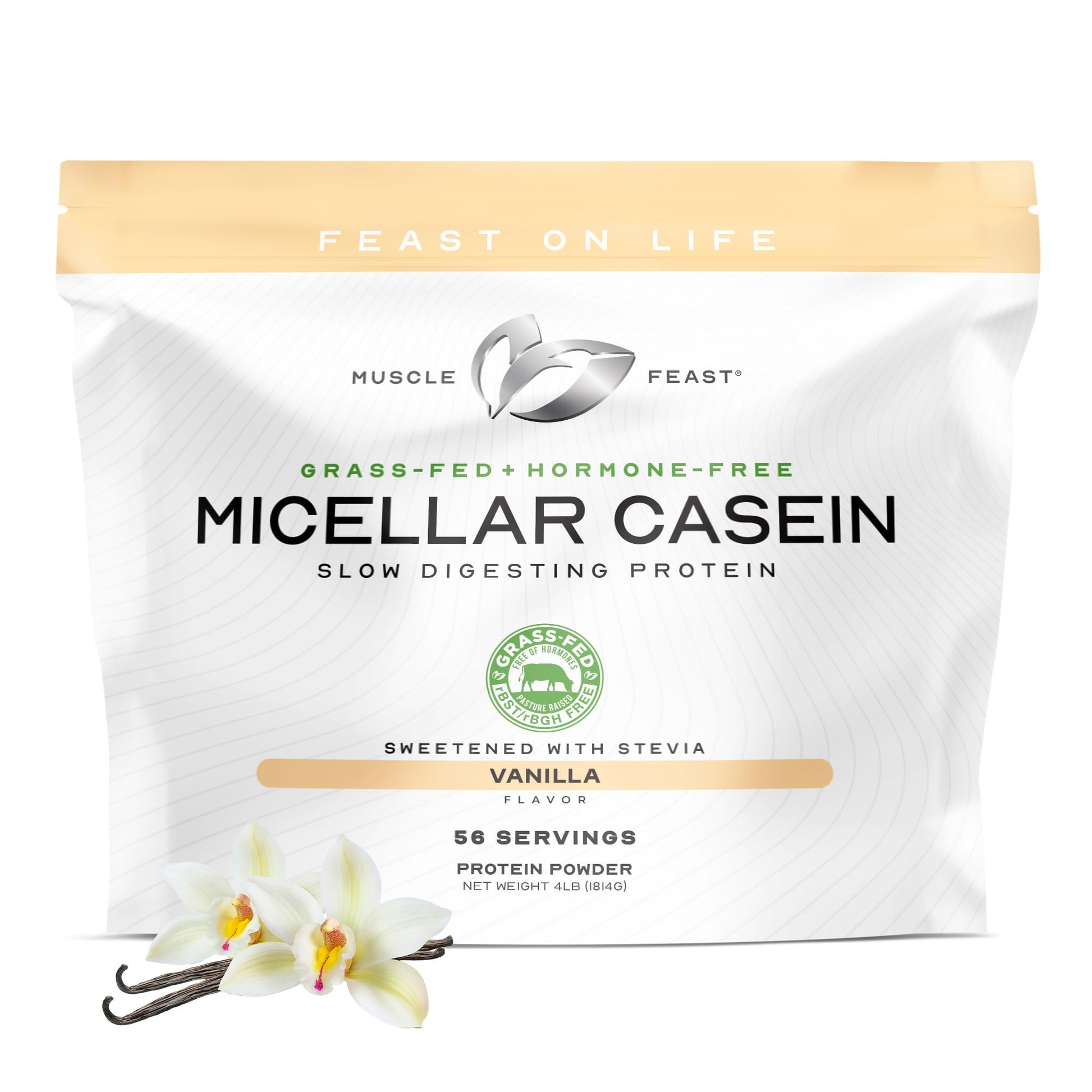 Muscle Feast Grass Fed Micellar Casein Protein Powder, Vanilla, 64 Servings, 4 lb