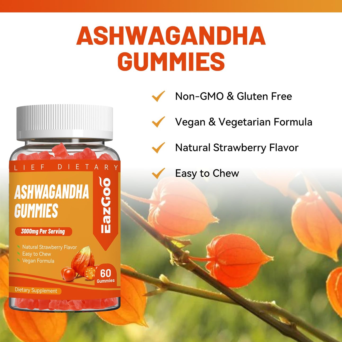 EAZGOO Ashwagandha Root Extract 3000mg with Vitamin D3 Gummies, 60 Count