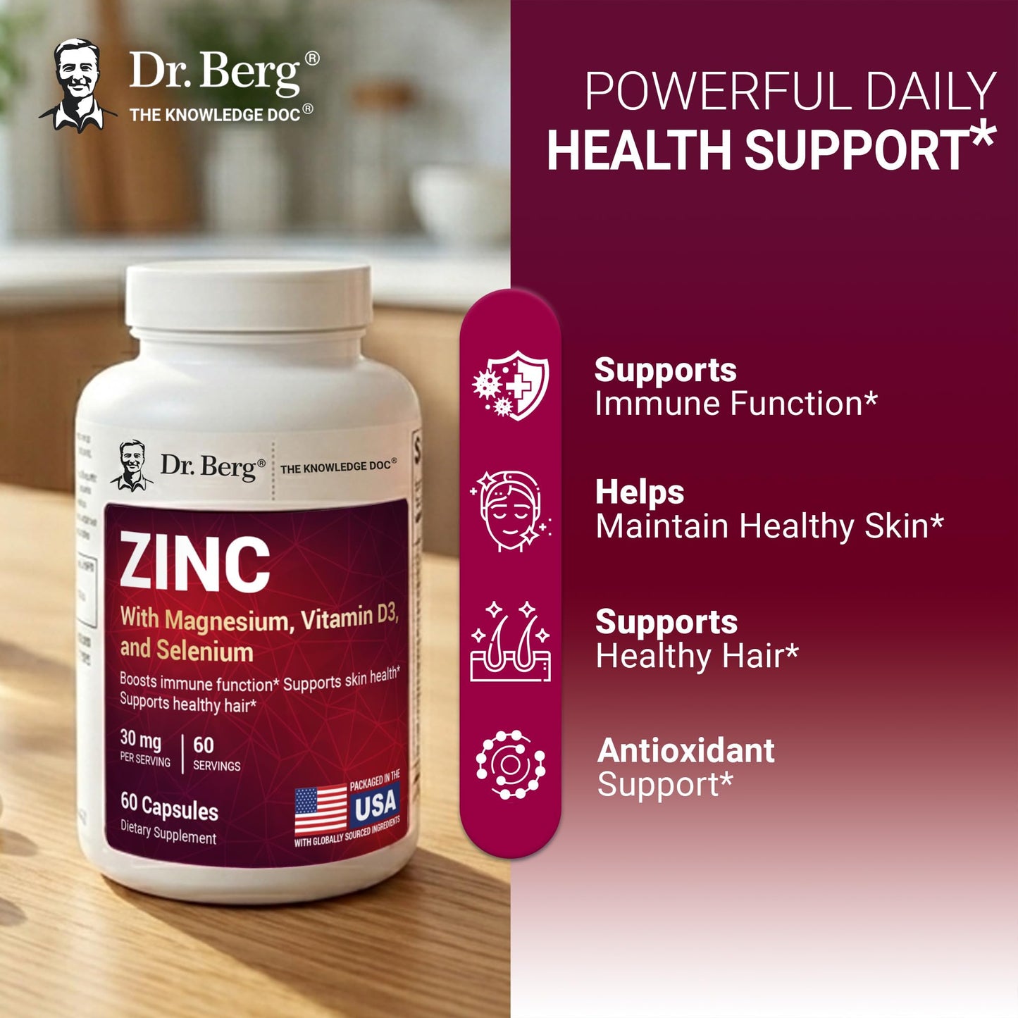 Dr. Berg Nutritionals Zinc 30 mg 7-in-1 Immune Support Formula – Chelated Zinc with Vitamin D & Selenium for Healthy Skin, Hair & Daily Wellness – No Fillers, 4X Tested Capsules, 60 Count