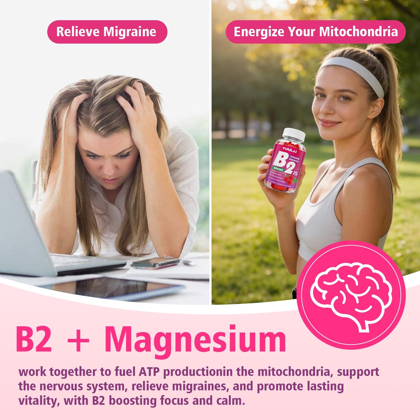 YUULAI Vitamin B2 (Riboflavin) Gummies with Magnesium, 400mg, 120 Gummies