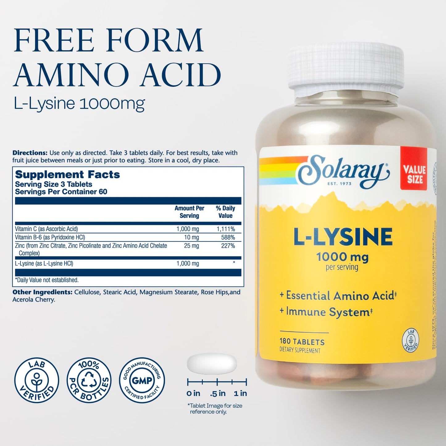 SOLARAY L-Lysine Free-Form 1000 mg Tablet, 180 Tablets