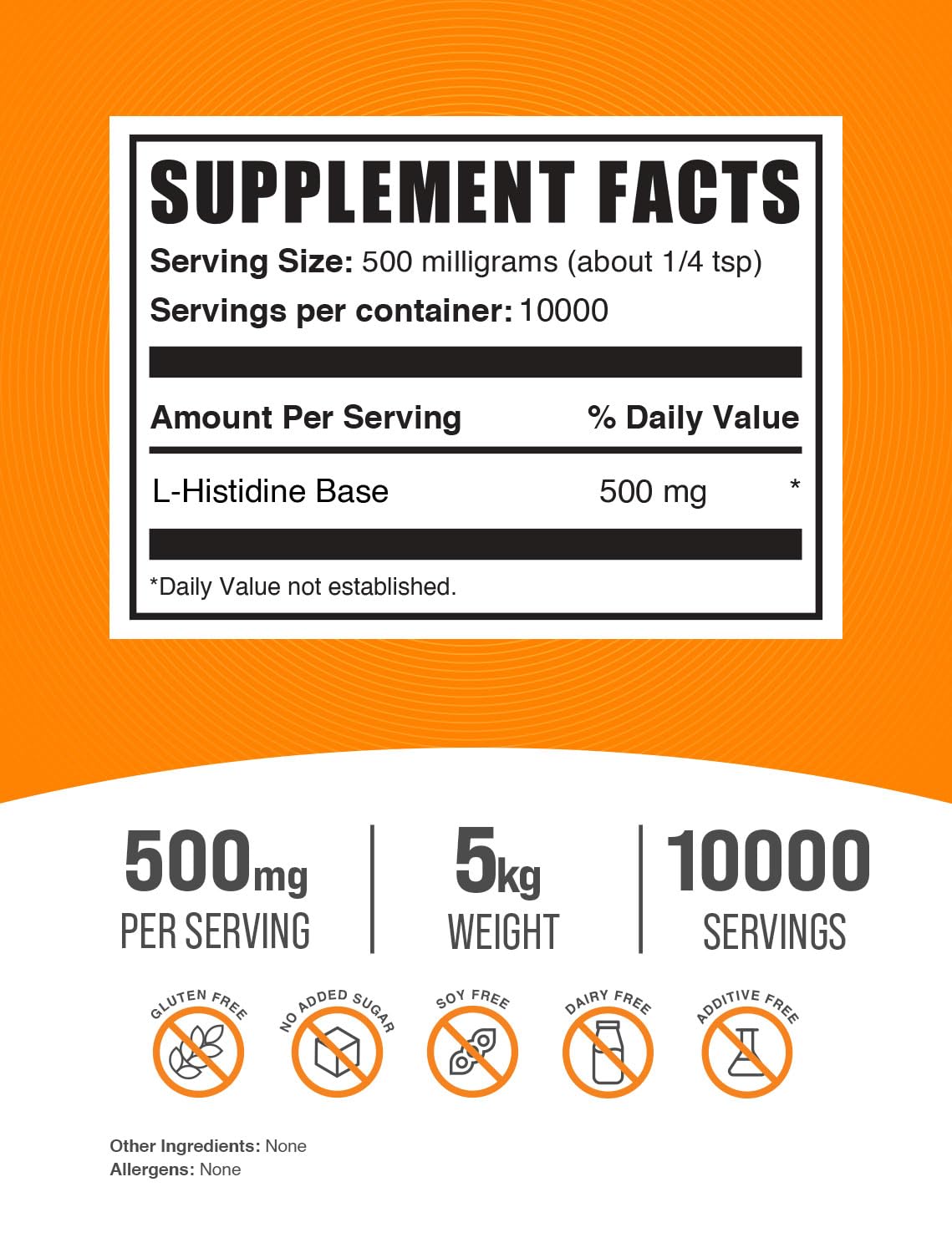 BulkSupplements L-Histidine Powder, 500 mg per Serving, 2.2 lb (Pack of 5)