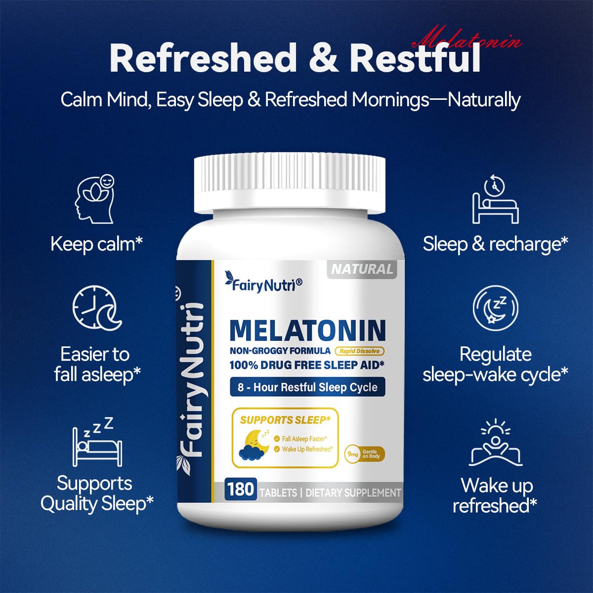 fairynutri Melatonin 9mg Non-Groggy Formula 100% Drug Free Sleep Aid Tablet 180 Tablets