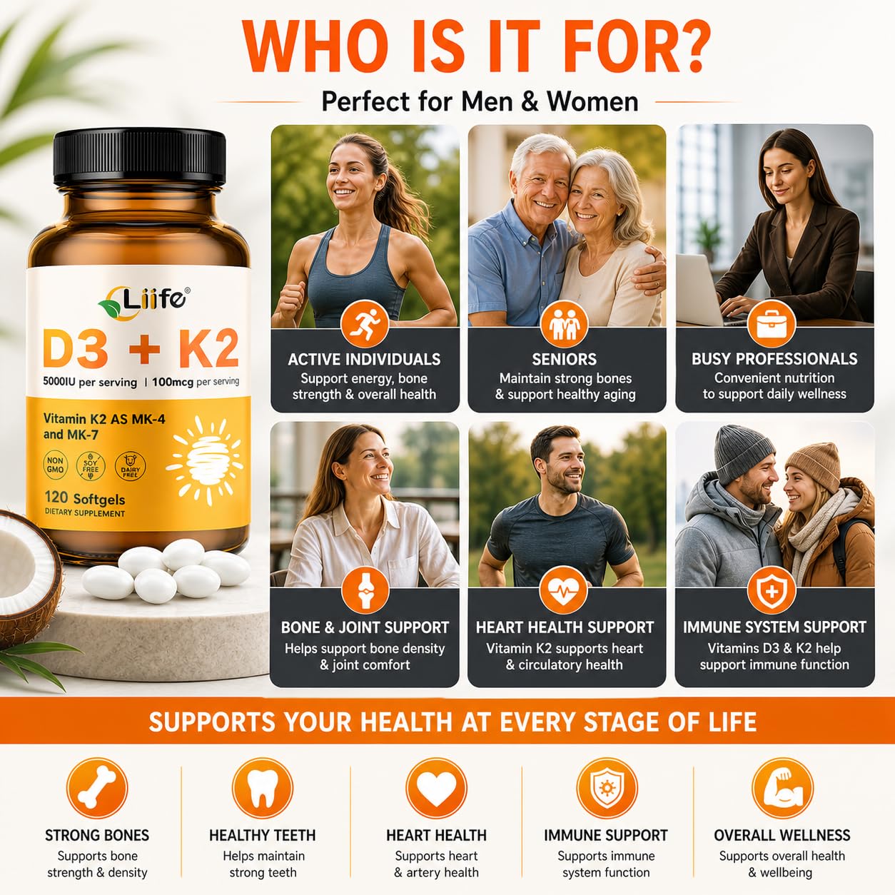 LIIFE Vitamin D3 + K2 (5000 IU D3 / 100mcg MK7 and MK4) Supplement for Immune Support, Bone & Heart Health Softgels, 240