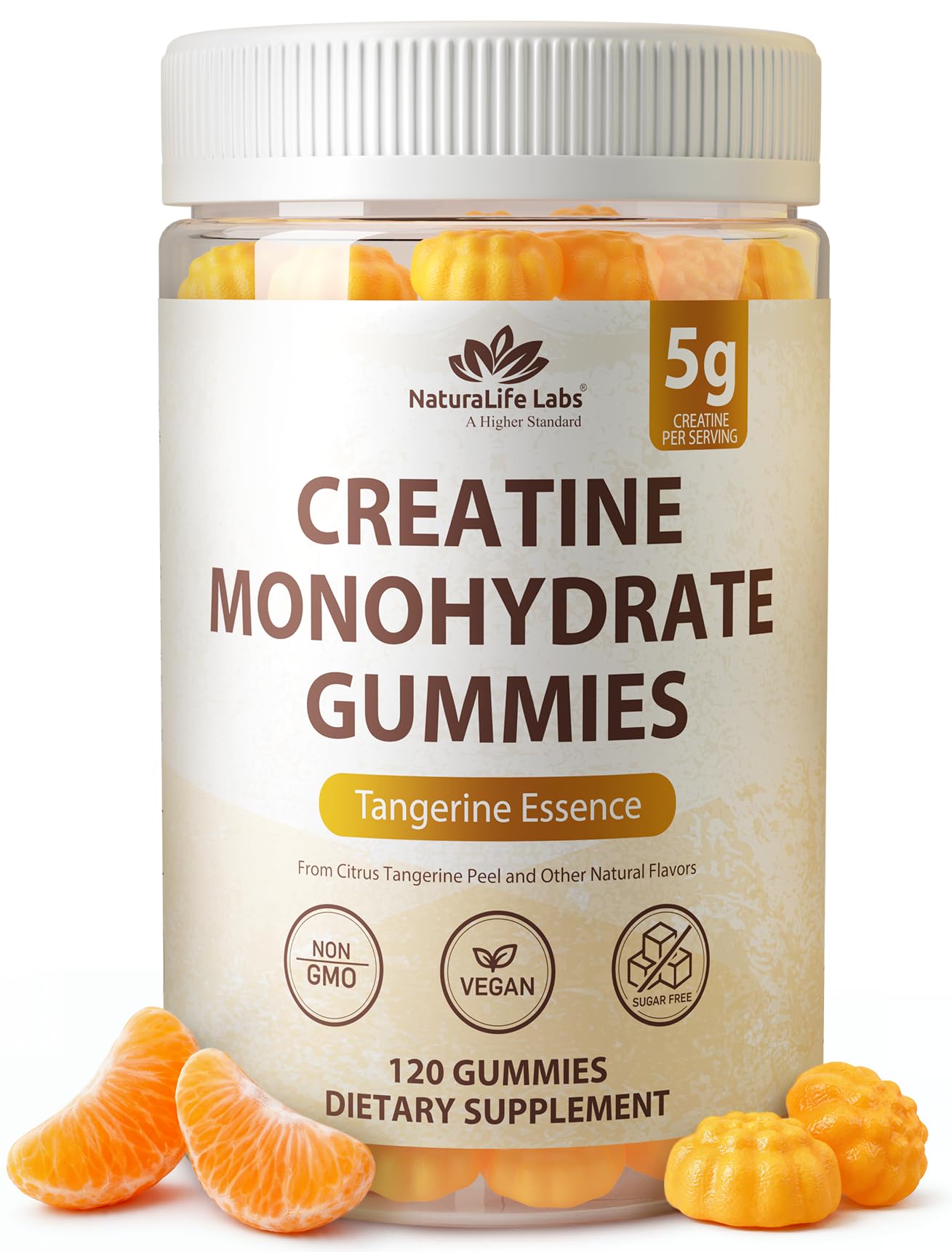 NaturaLife Labs Creatine Monohydrate Gummies - 5g per Serving - Tangerine Flavor - Gluten-Free, Non-GMO, Vegan, Sugar Free - 120 Gummies