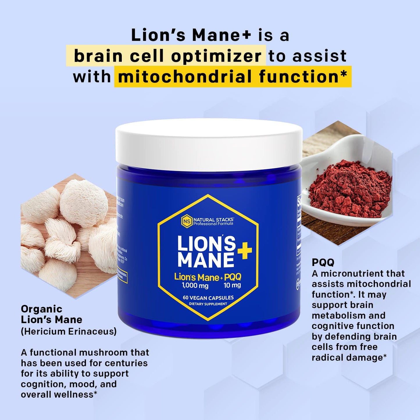 Natural Stacks Organic Lions Mane with PQQ 120 Capsules