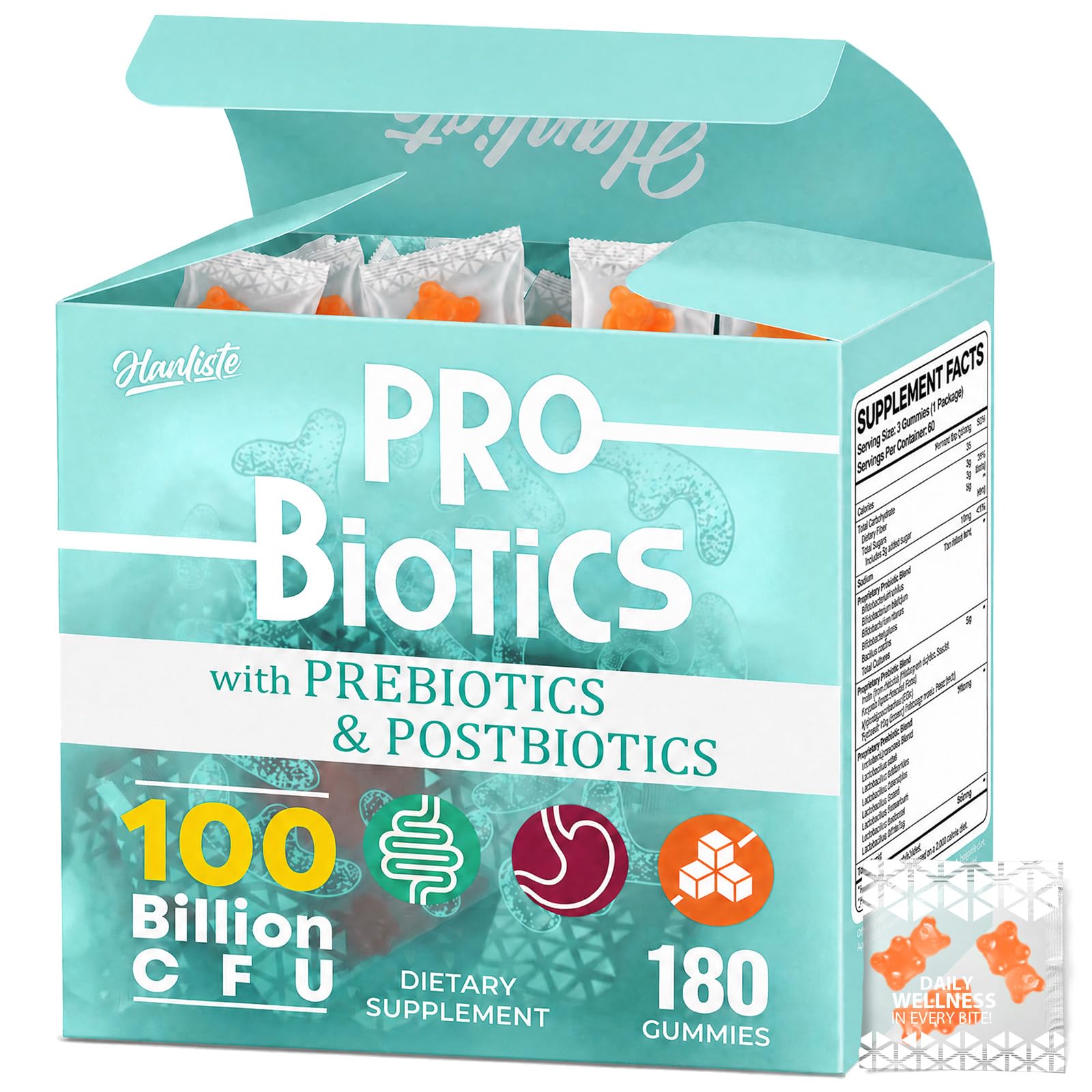 Hanliste Probiotic Gummies, Probiotic Prebiotic & Postbiotic Gummy 180 Count