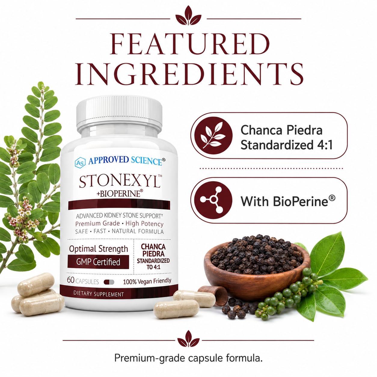 Approved Science Stonexyl Herbal Kidney Stone Support with Chanca Piedra Capsule, 60 Count
