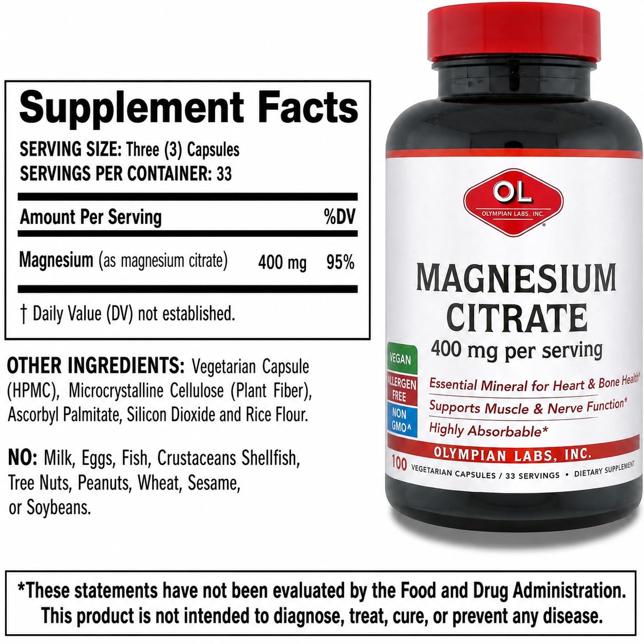Olympian Labs Magnesium Citrate 400mg Capsules, 100 Count