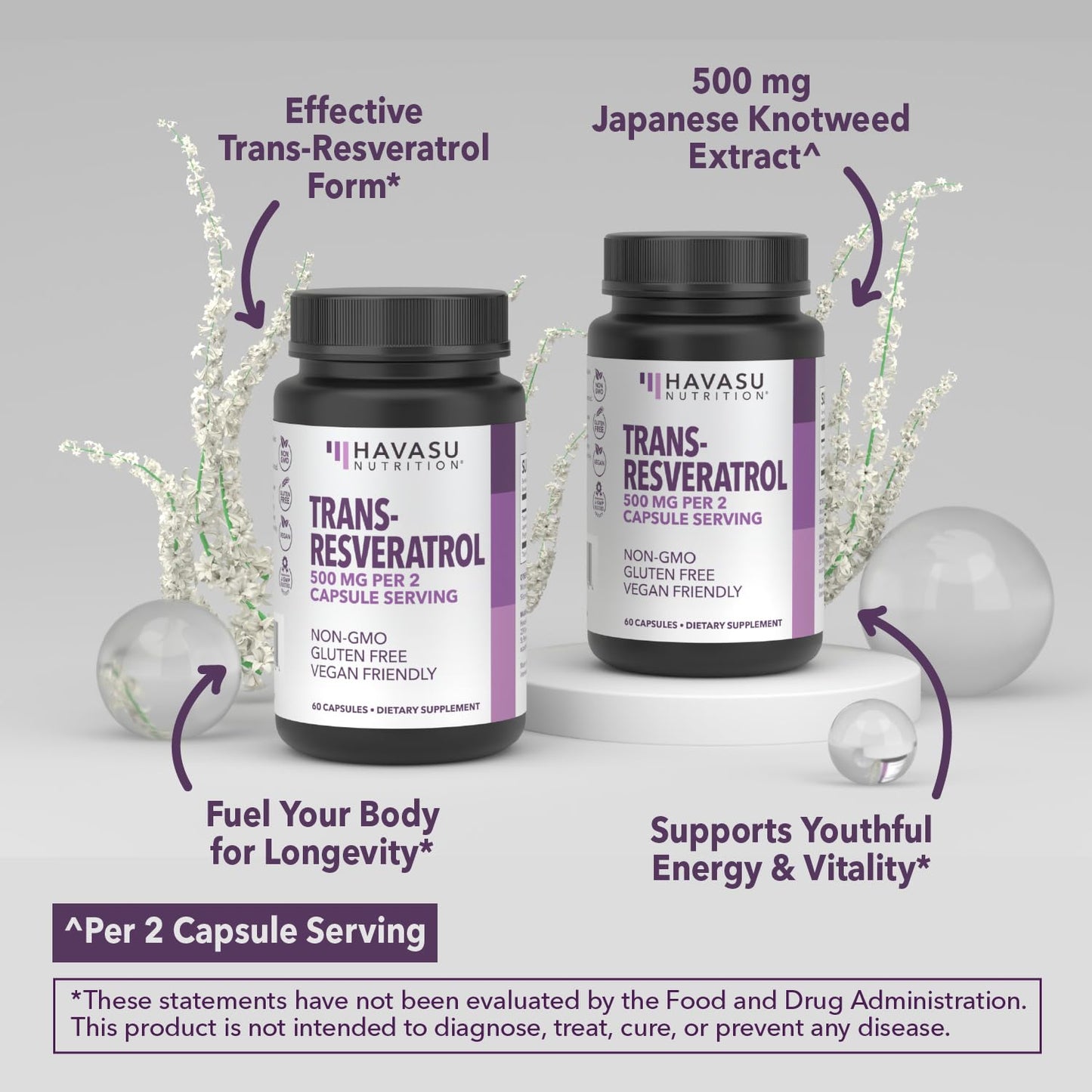HAVASU NUTRITION Resveratrol 500mg Trans-Resveratrol Supplement from Japanese Knotweed Root, 60 Capsules