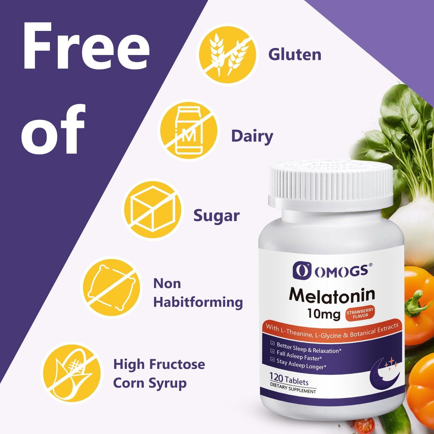 OMOGS Melatonin 10mg Fast Dissolve Tablets with L-Theanine, L-Glycine & Vitamin, Supports Relaxation & Healthy Sleep Cycles, Strawberry Flavor, 90 Tablets