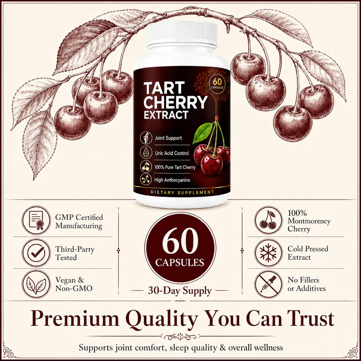 UBOMOPI Tart Cherry Extract Cold Pressed Capsule 60 Count
