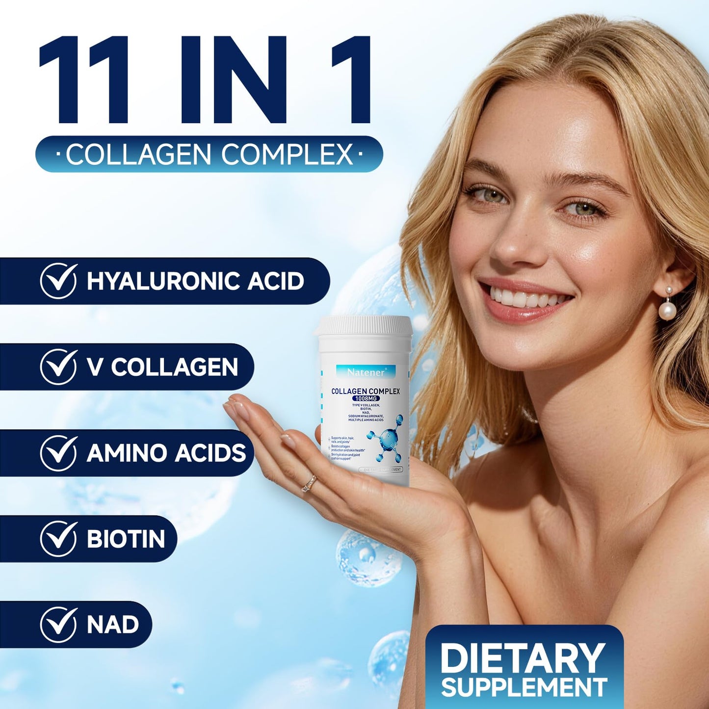 Natener 11 in 1 1008mg Collagen Complex Proprietary Blend with Type V Collagen, Biotin, Hyaluronic Acid, Multi Collagen Capsules, 60 Capsules