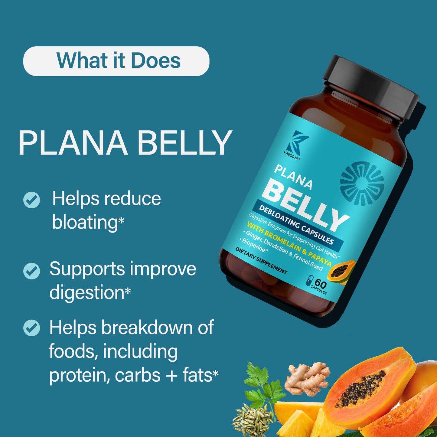 Kabooya Plana Belly Debloating Supplement Capsules, 90 Count
