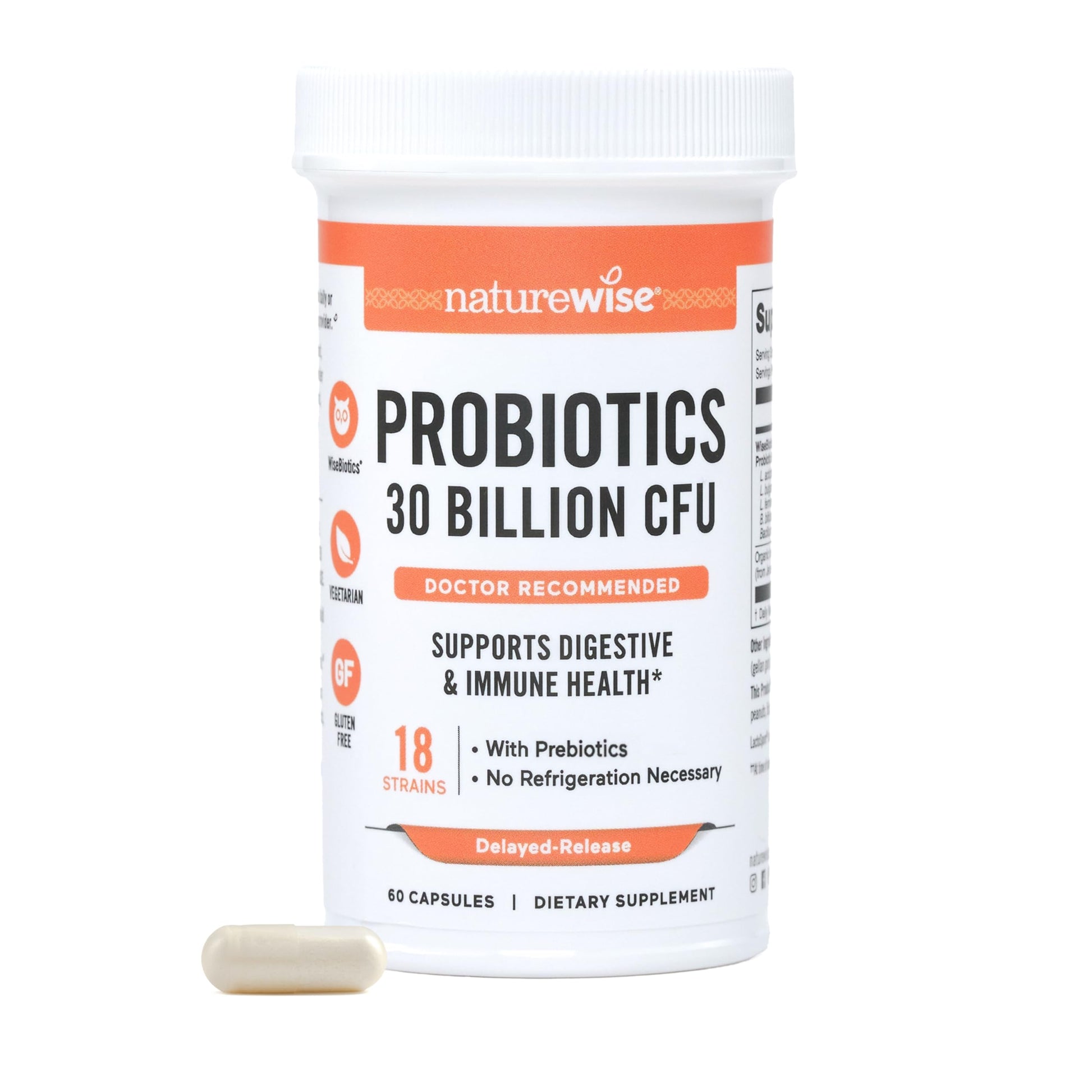NatureWise Max Probiotics for Women & Men - 30 Billion CFU 18 Strains With Prebiotics - For Gut & Digestive Health - Delayed-Release Capsules, Gluten Free - 60 Capsules